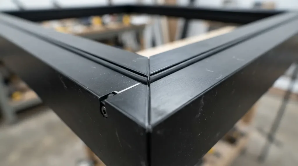 Close-up of a powder-coated black aluminum window frame corner joint