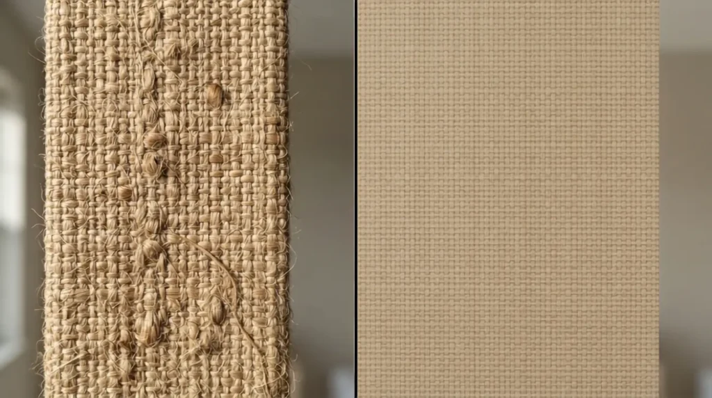 Side by side comparison of real grasscloth wallpaper texture versus faux vinyl grasscloth
