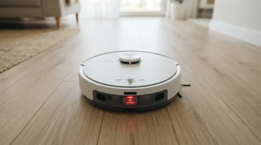 Robot vacuum with mop attachment set to a low water output on laminate flooring
