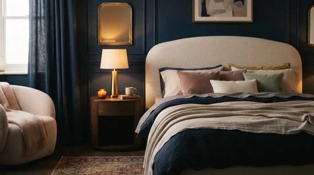 Romantic cozy navy blue bedroom with velvet cushions and warm light
