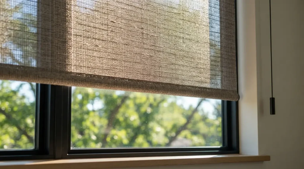Close-up of solar shade fabric filtering sunlight on a window