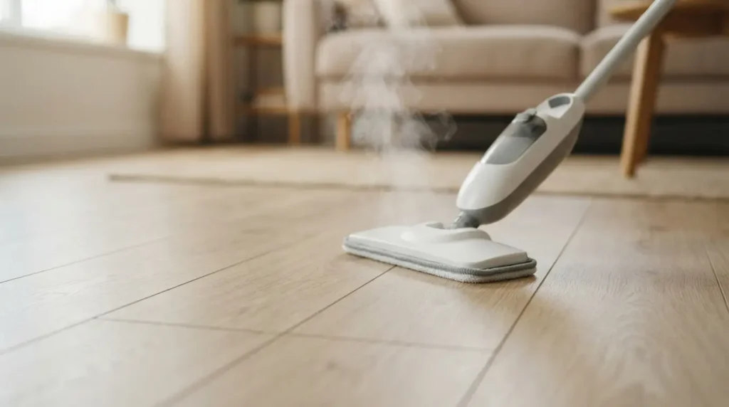 Steam mop releasing vapor near a laminate floor, illustrating moisture risk at the seams
