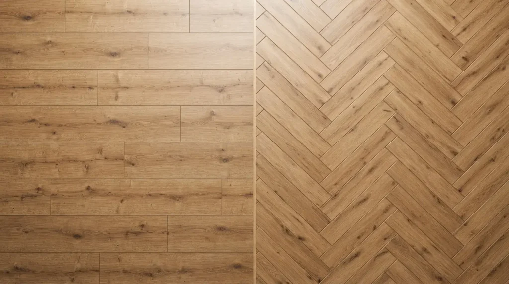  Laminate flooring laid in a straight plank run beside a herringbone pattern
