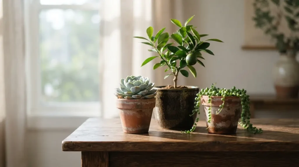 Potted succulents and citrus plant arranged near a bright window