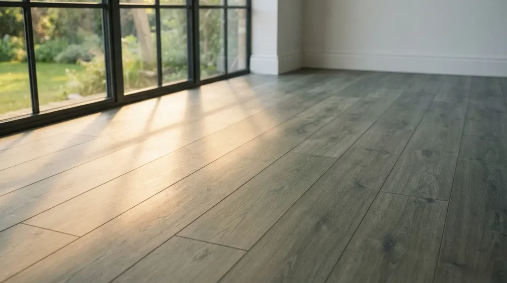 Sunlight falling across a grey green laminate floor showing warm and cool tones