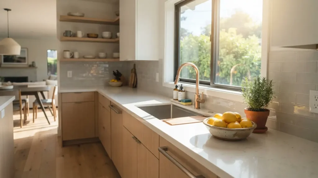 Bright kitchen with morning sunlight from a south facing window