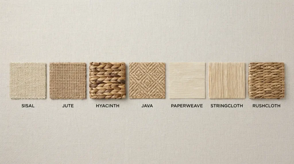 Seven types of grasscloth wallpaper swatches including sisal jute and hyacinth