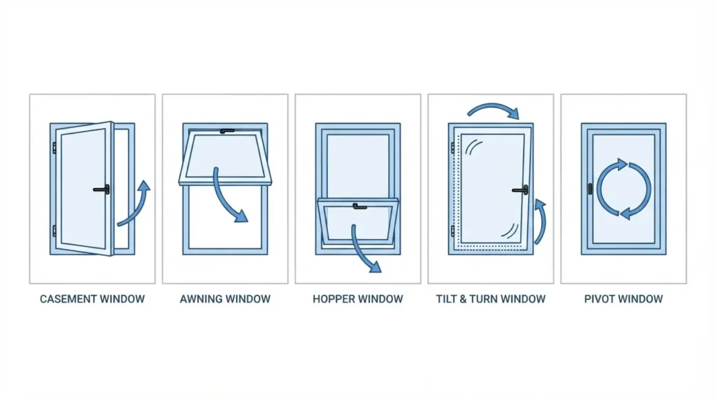 Diagram comparing 5 types of hinged windows: casement, awning, hopper, tilt and turn, pivot