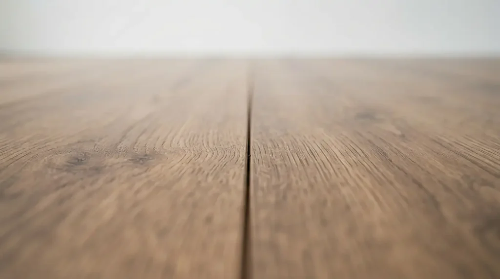 Macro close-up of a laminate flooring Uniclic locking joint between two planks

