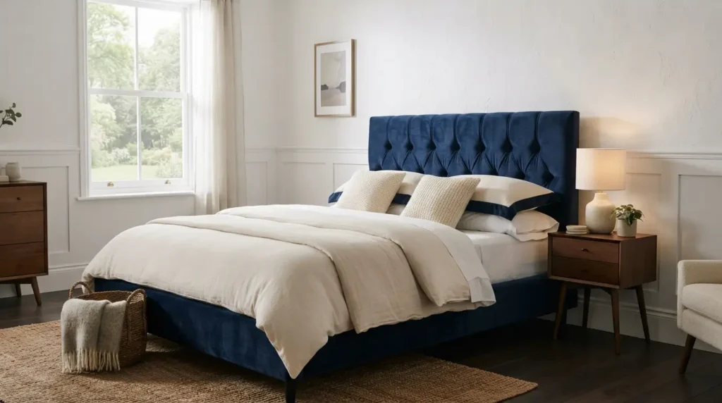 Navy velvet upholstered bed frame in a white walled bedroom