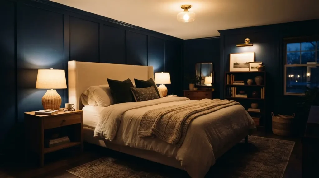 Navy blue bedroom lit with warm bulbs and layered lamps