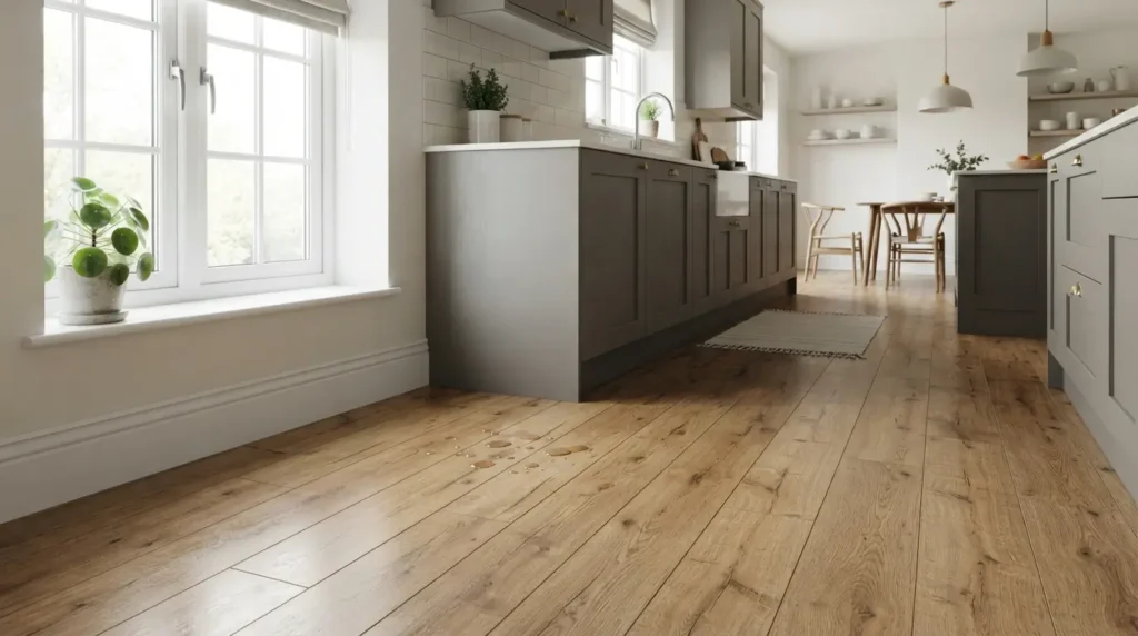 Wood-look waterproof laminate flooring in a bright modern kitchen
