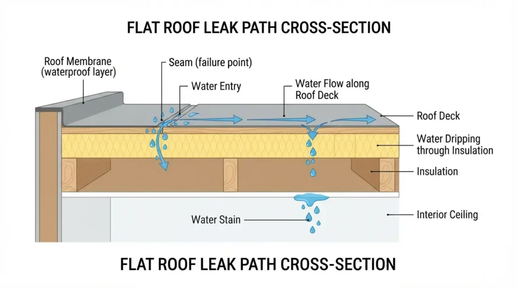 Diagram showing where flat roofs leak and water travel path

