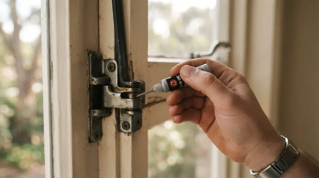 Hand applying lubricant to a window hinge during maintenance
