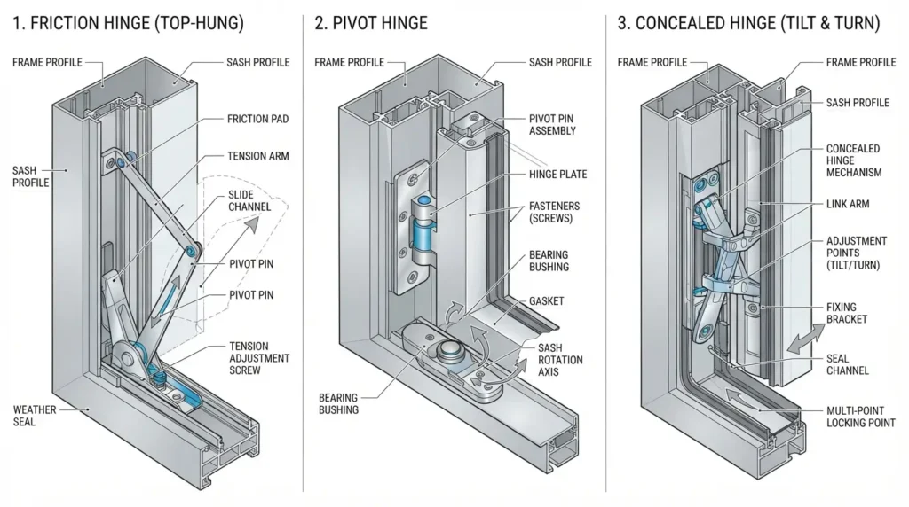 Cutaway diagram explaining friction, pivot and concealed window hinge types
