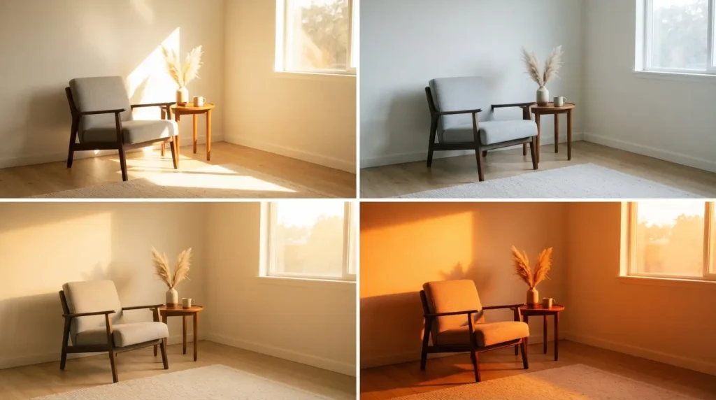 Four room interiors comparing light from south, north, east, and west facing windows