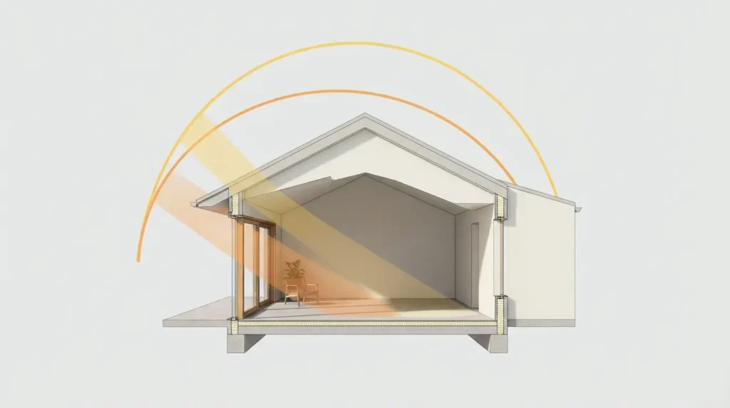 Diagram showing low winter sun and high summer sun hitting a south facing house