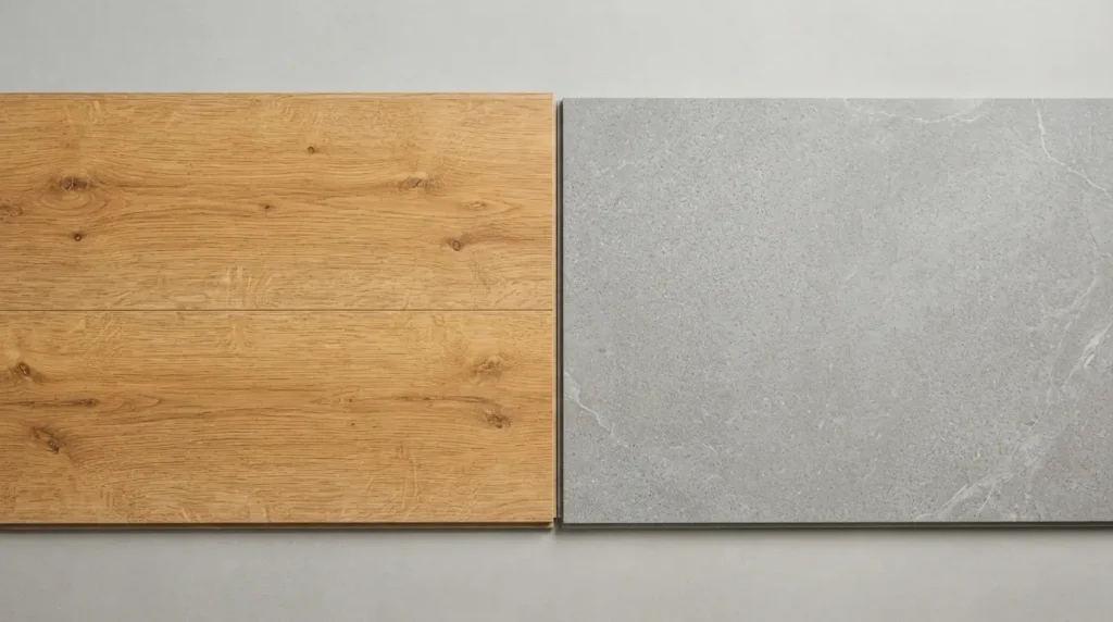 Two laminate planks side by side, one oak wood-look and one gray stone-look

