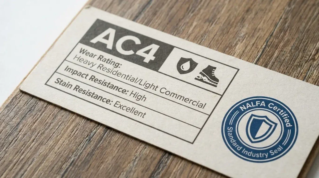 Close up of a laminate flooring product label showing AC rating and NALFA certification seal
