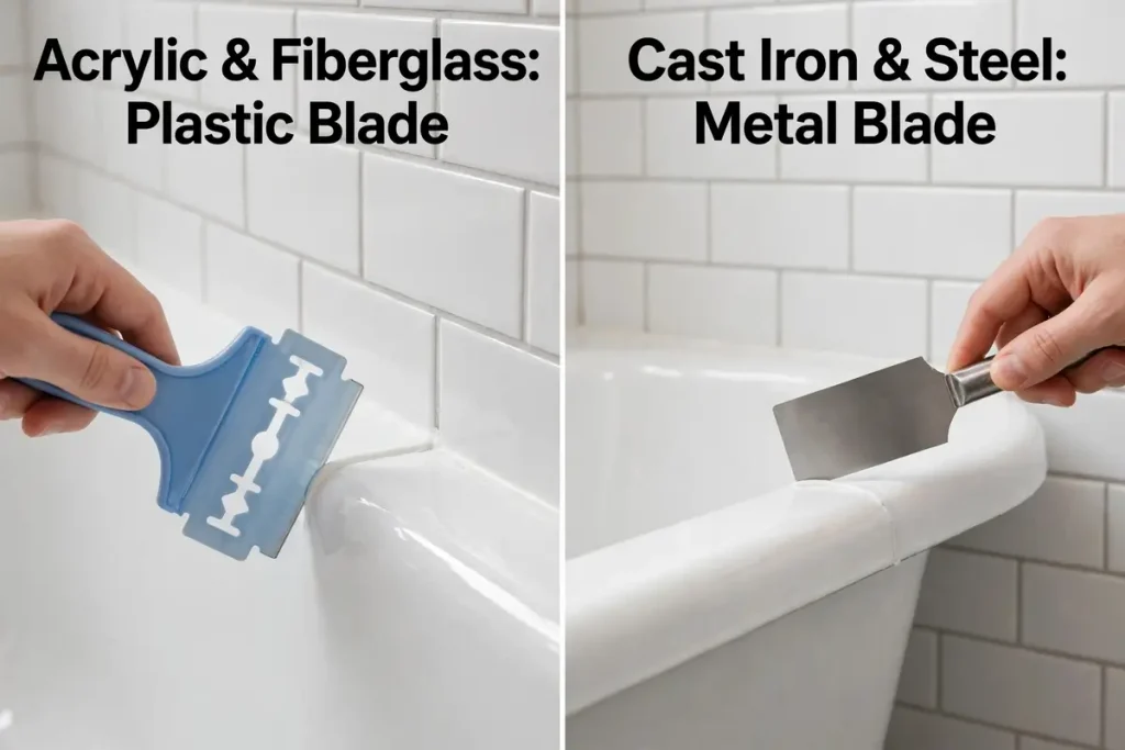 Side-by-side comparison showing a plastic blade for acrylic tubs and a metal blade for cast iron tubs

