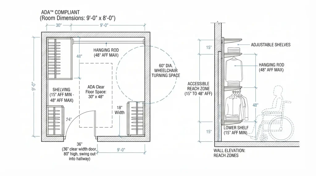 ADA compliant walk-in closet dimensions showing 30 by 48 inch clear floor space and reach zone
