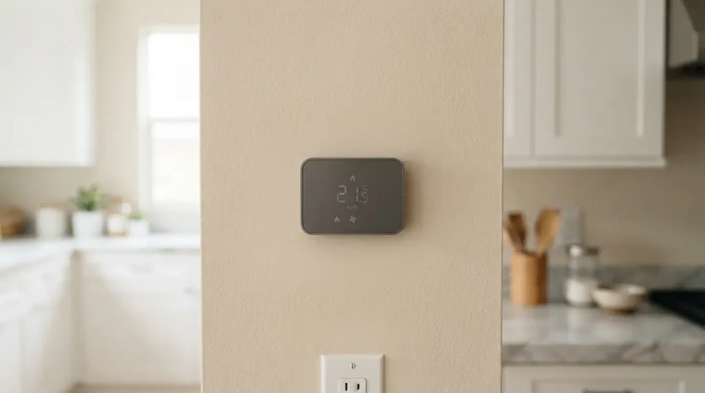 Compact budget smart thermostat mounted on kitchen wall
