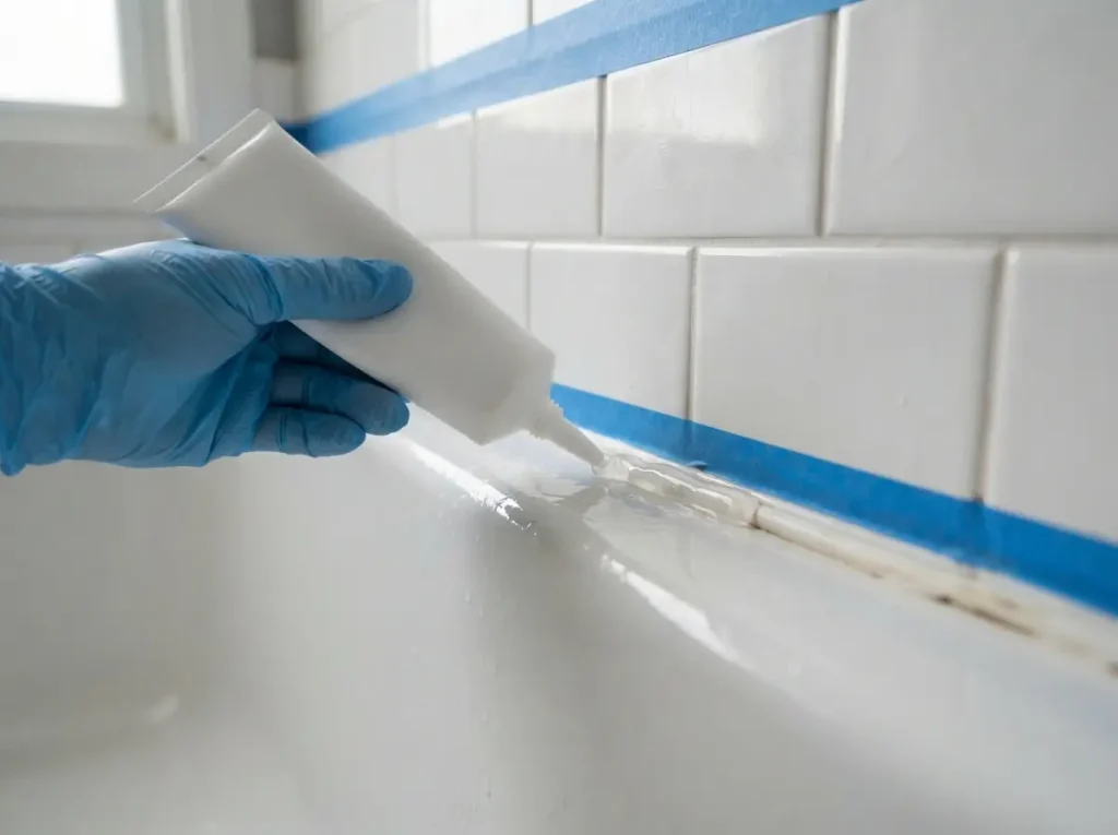 applying caulk remover gel along an old bathtub caulk line
