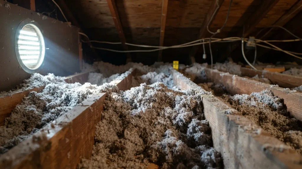 Attic insulation installation with blown in cellulose between joists
