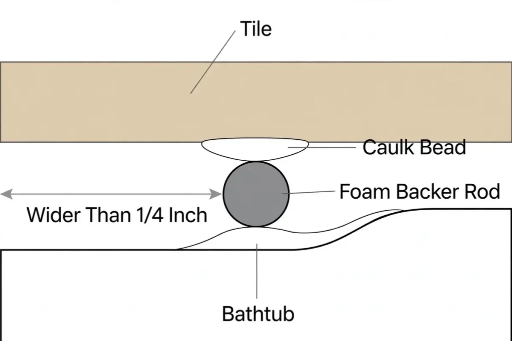 Cross-section diagram showing foam backer rod inside a wide tub gap with a caulk bead sealed on top

