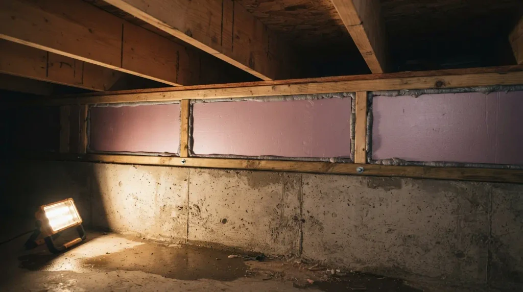 Basement rim joist insulated with rigid foam board