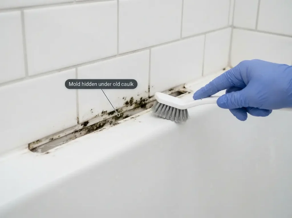 black mold spots found in the joint after removing old caulk
