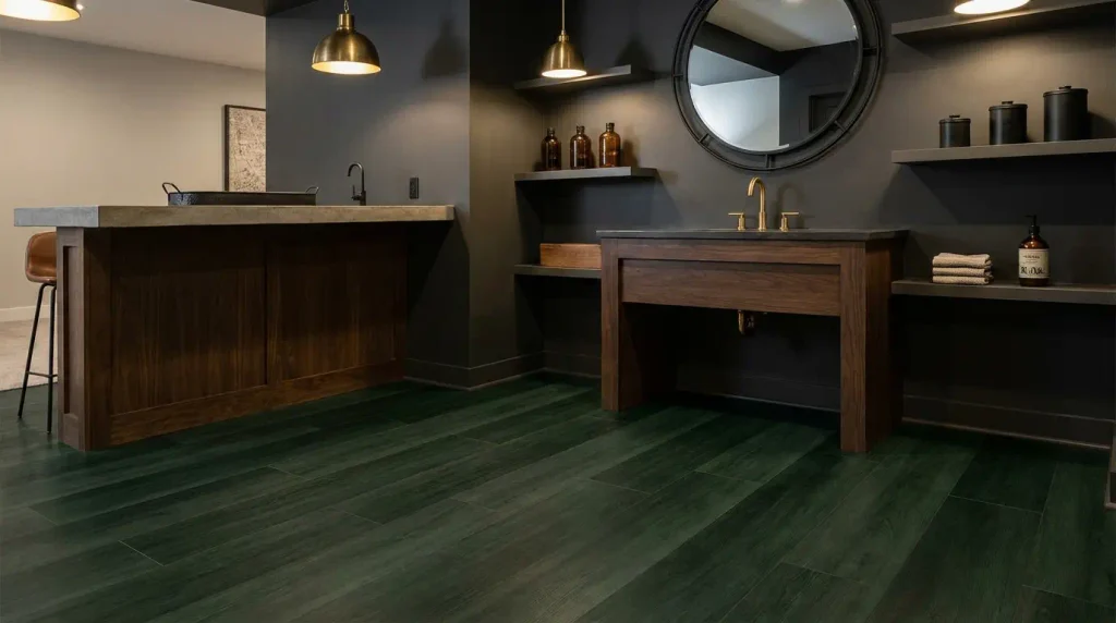 Bold blue vinyl plank flooring as an accent design choice
