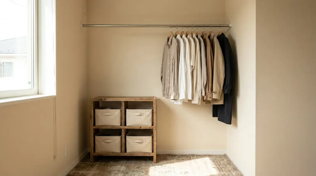 Budget-friendly closet setup using tension rods and matching fabric bins

