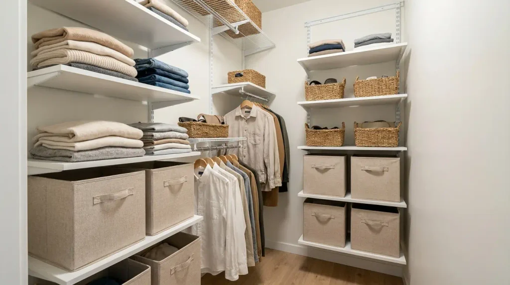 A budget-friendly small closet with a modular shelving system and fabric bins

