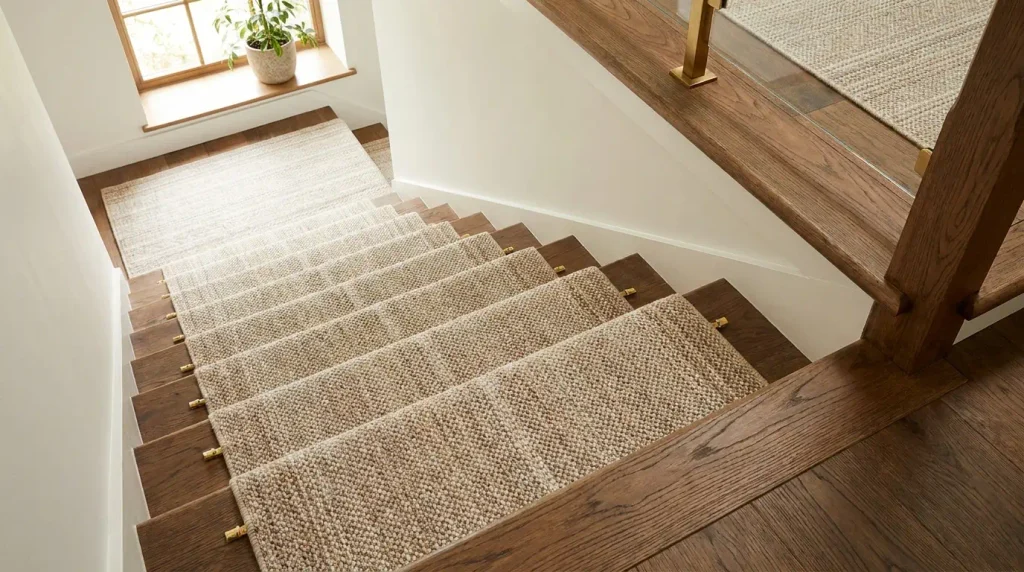 Carpet runner installed on engineered hardwood stairs with wood visible on both sides
