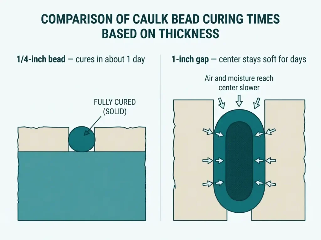 Comparison diagram of thin caulk bead versus thick caulk bead in a one inch gap