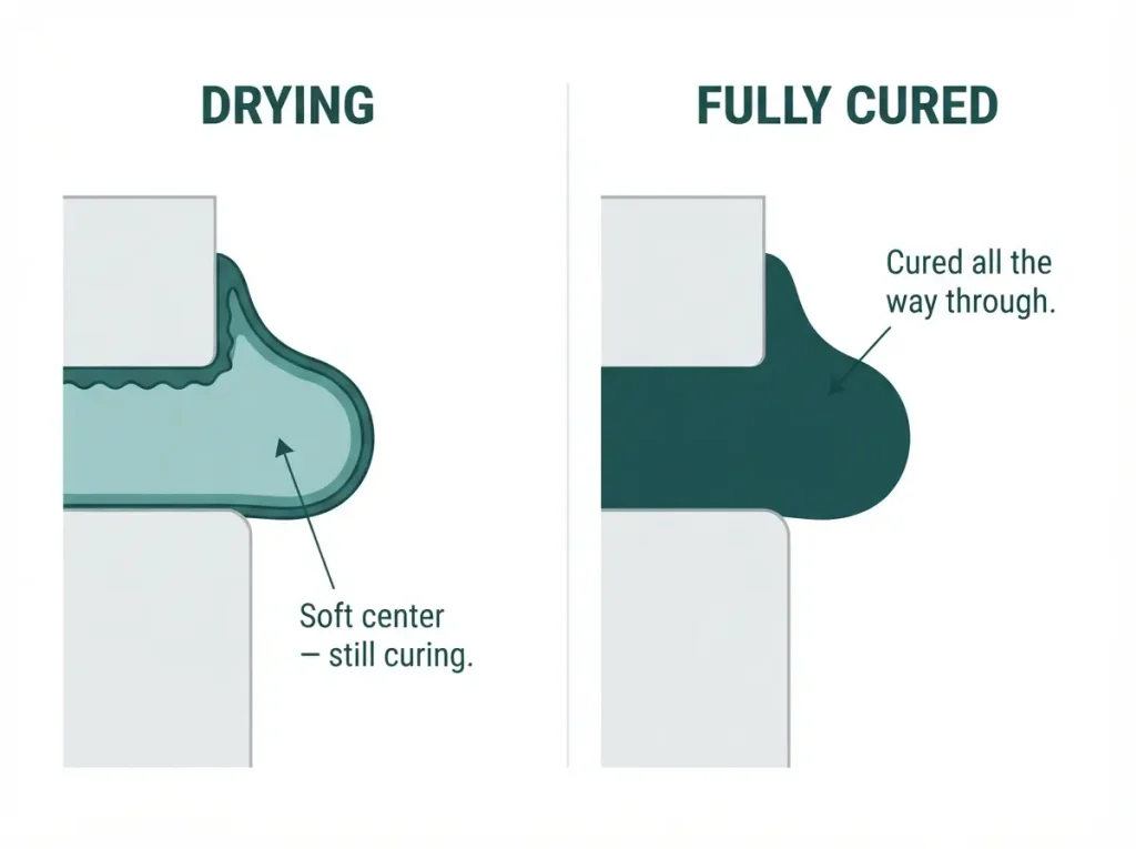 Diagram comparing caulk drying time and caulk curing time stages