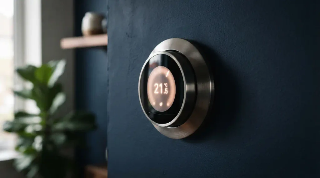 Classic dial-style smart thermostat design on accent wall
