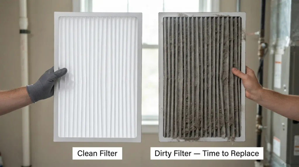 Clean white furnace filter next to a dirty, gray, dust-clogged filter
