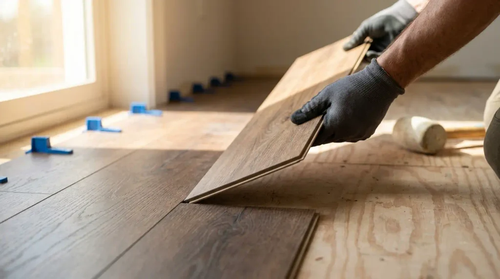 Hands clicking vinyl plank flooring planks together during DIY installation
