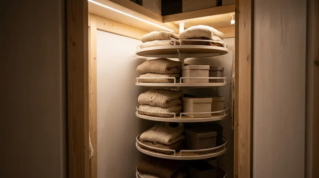 Rotating corner carousel organizer maximizing a tight closet corner
