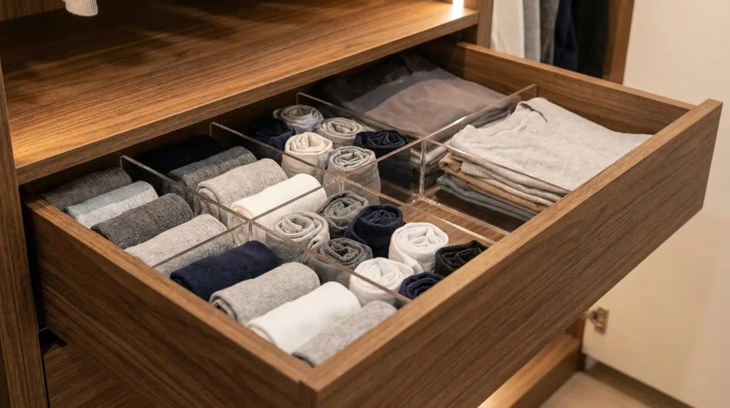 Open closet drawer with dividers separating socks, folded shirts, and undergarments
