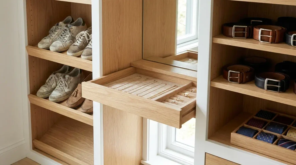 Closet shelf showing separate zones for shoes, jewelry, and accessories
