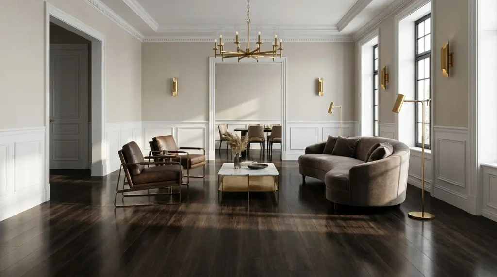 Dark espresso vinyl plank flooring colors in a modern room
