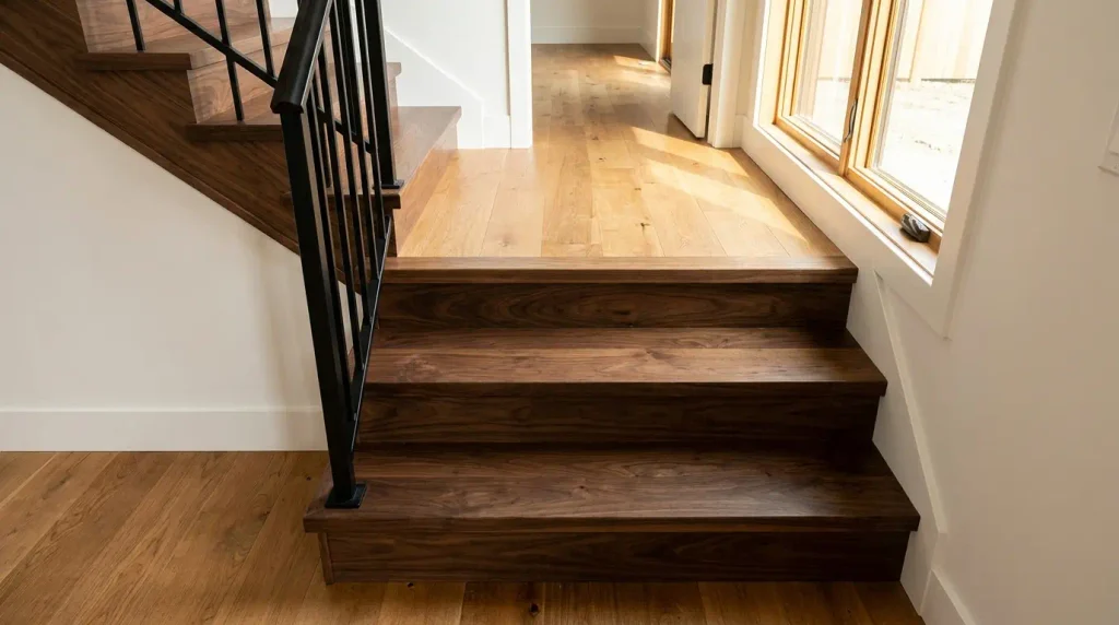 Dark walnut stair treads contrasting against a lighter oak hardwood floor