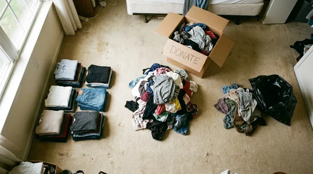 Clothing sorted into keep, donate, and toss piles before closet organization
