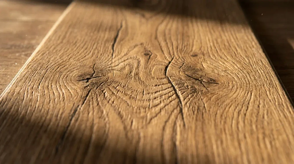 EIR embossed texture close-up on realistic wood-look vinyl plank