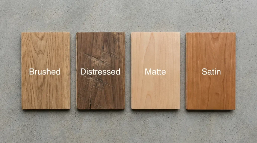 Close up comparison of brushed, distressed, matte, and satin engineered hardwood finishes