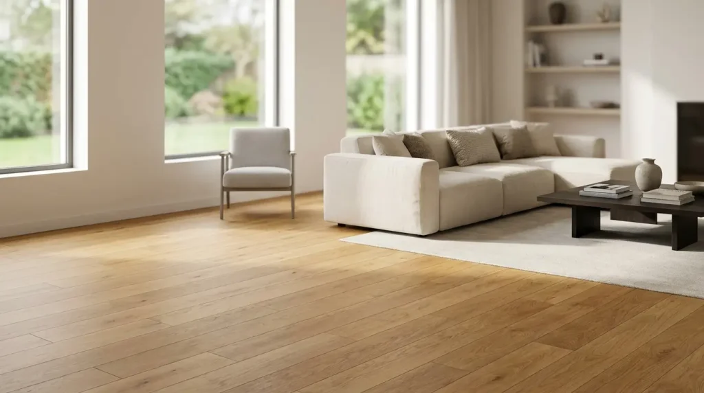 Wide plank engineered hardwood flooring in a bright modern living room