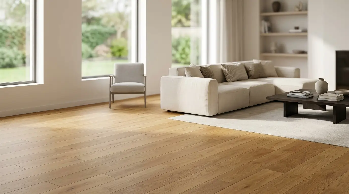 Wide plank engineered hardwood flooring in a bright modern living room